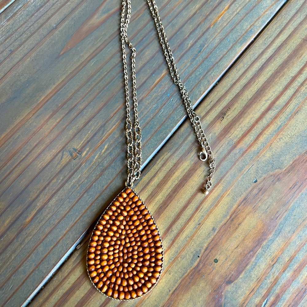 Plunder Design  Necklace - Orange Beaded Teardrop Gold - tone chain bohemian